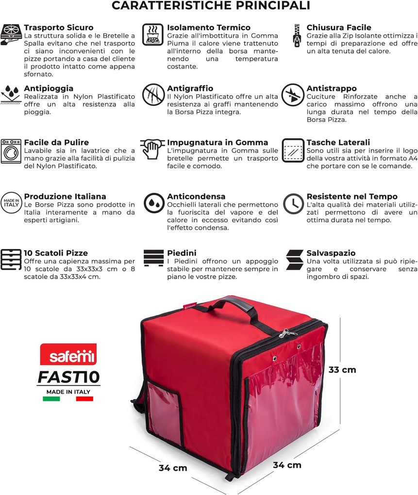 Zaino Borsa Termica Porta Pizze da Asporto 10 Cartoni Safemi Fast 10 Rosso...