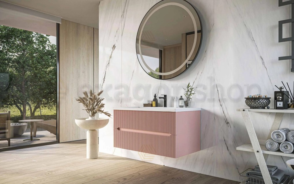 Mobile bagno rosa antico 90x46 cannettato Urbino due cassetti con lavabo in ceramica frontale