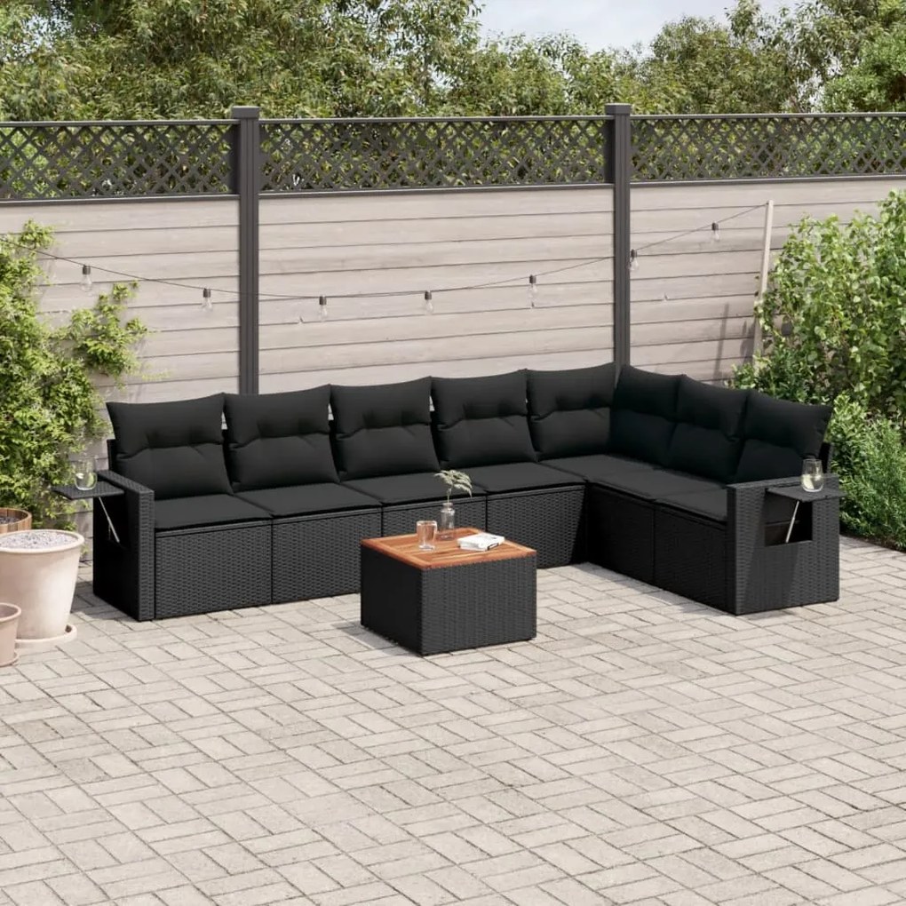 Set divani da giardino con cuscini 8 pz nero in polyrattan