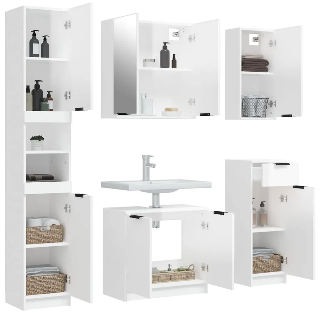 Set mobili da bagno 5 pz bianco lucido in legno multistrato