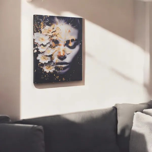 Quadro moderno verticale su tela 60x90 cm con ritratto di donna con fiori