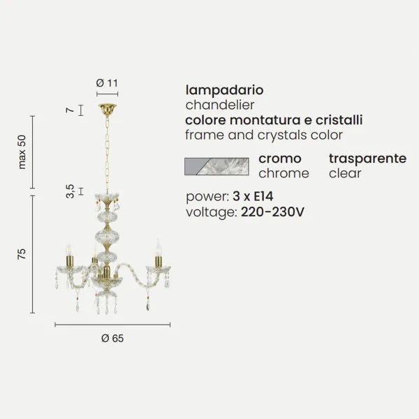 Lampadario sospeso DALLAS in cristallo D65 con finiture cromo da 3 luci