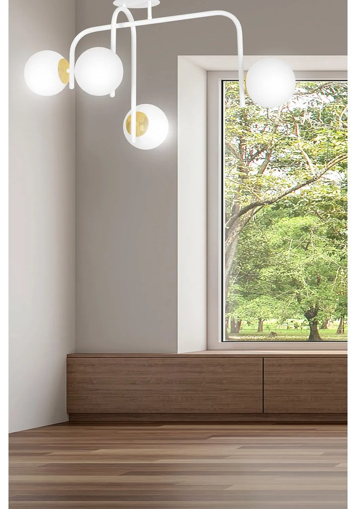 Lampadario 4 Luci Kalf In Acciaio Bianco A Bracci E Sfere In Vetro Opalino E Oro