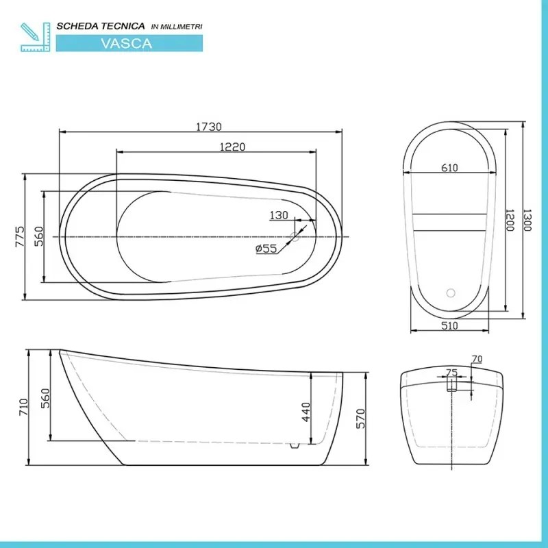 Vasca da bagno freestanding moderna 173x77,5 Piedini interni regolabili Antalia