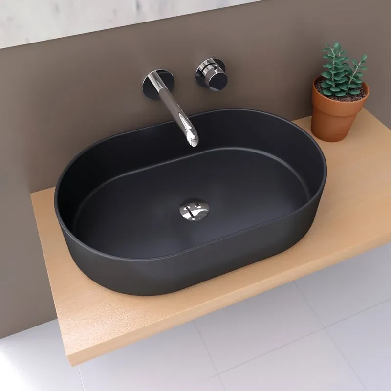 Lavabo da appoggio TRAPANI ovale in ceramica L 60.5 x H 12.5 x P 12.5 cm nero opaco