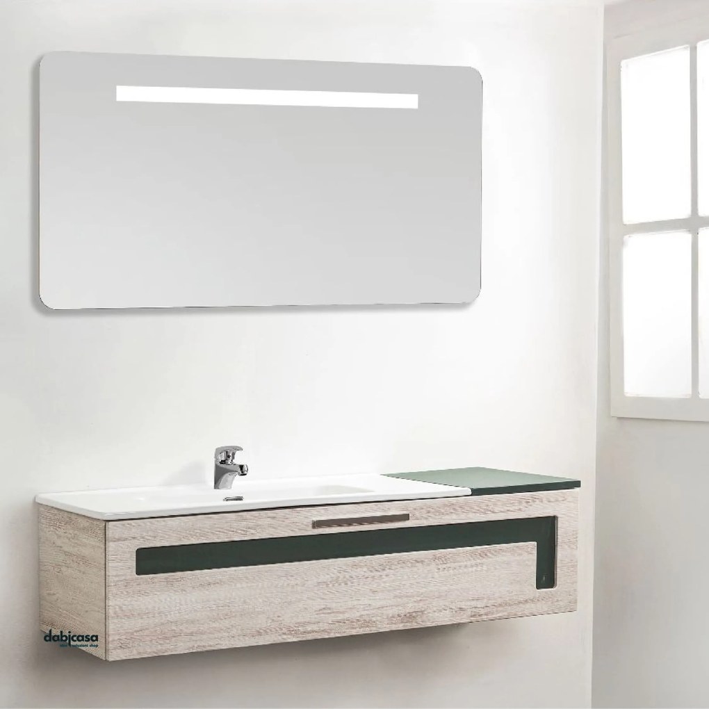 Mobile Bagno Sospeso "Corallo" Da 120 Cm Composto Da Un Cassetto Finitura Pino Bianco/Verde Bottiglia