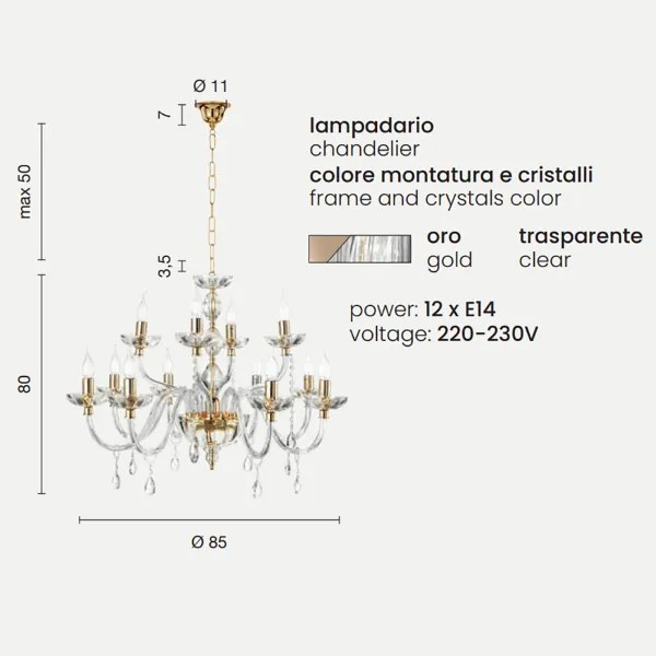 Lampada a sospensione 12 luci - cristallo e vetro BRIGIDA