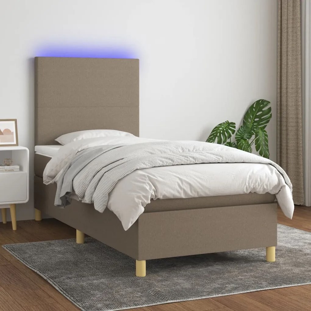 Letto a molle con materasso e led tortora 90x200 cm in tessuto