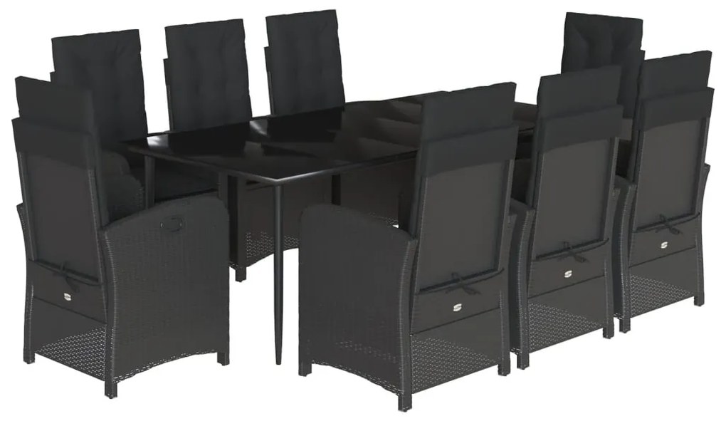 Set da pranzo da giardino 9 pz con cuscini nero in polyrattan