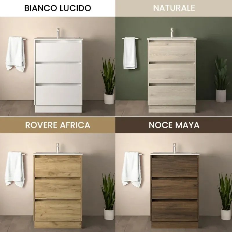Mobile bagno a terra 60 cm noce maya con specchio e lavabo Gaya