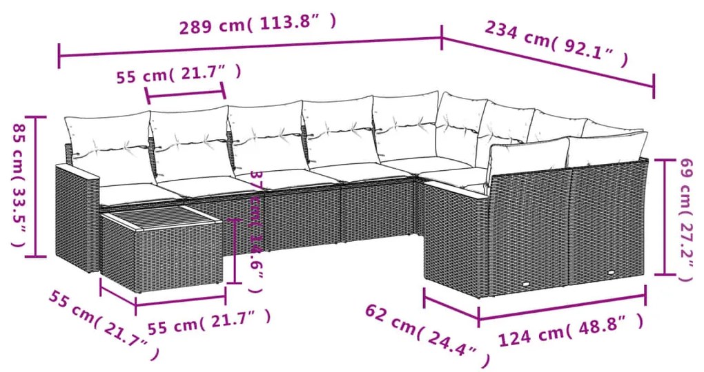 Set divano da giardino 10 pz con cuscini grigio in polyrattan