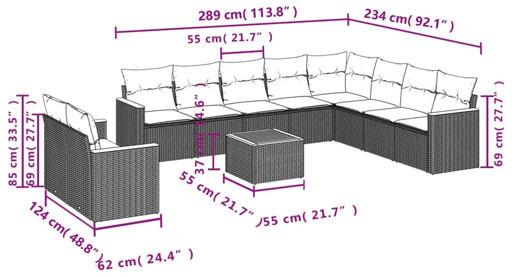 Set divani da giardino 11 pz con cuscini beige in polyrattan