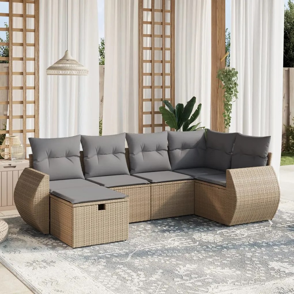 Set divano da giardino 6 pz con cuscini beige misto polyrattan