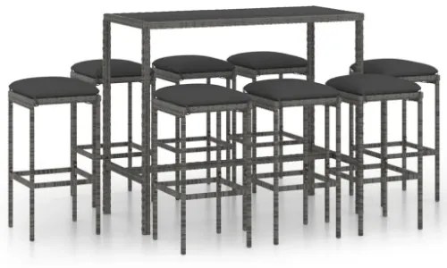 Set da Bar per Giardino 9 pz con Cuscini in Polyrattan Grigio