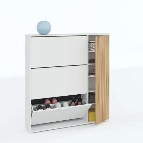 Scarpiera 3 Ribalte Doppia Profondità Con Anta Laterale 30 Paia Rovere Listato E Bianco