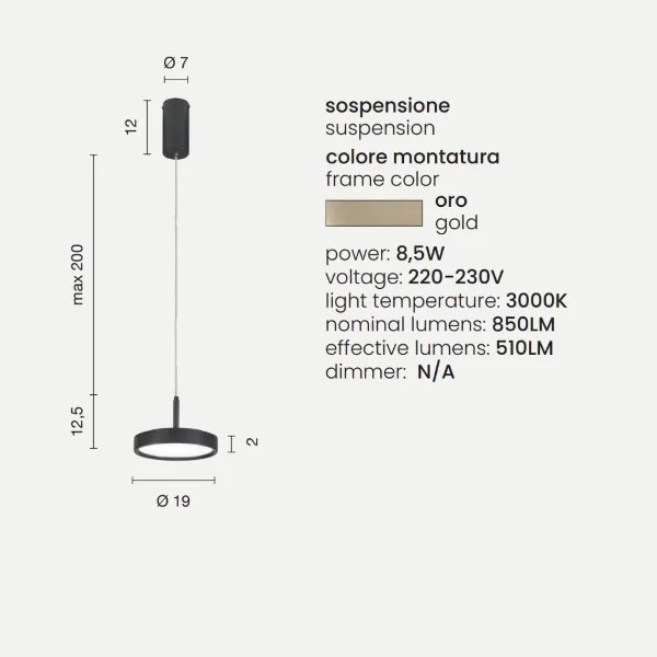 Lampada a sospensione NINA D19 cm in metallo verniciato Oro 1 Luce Led