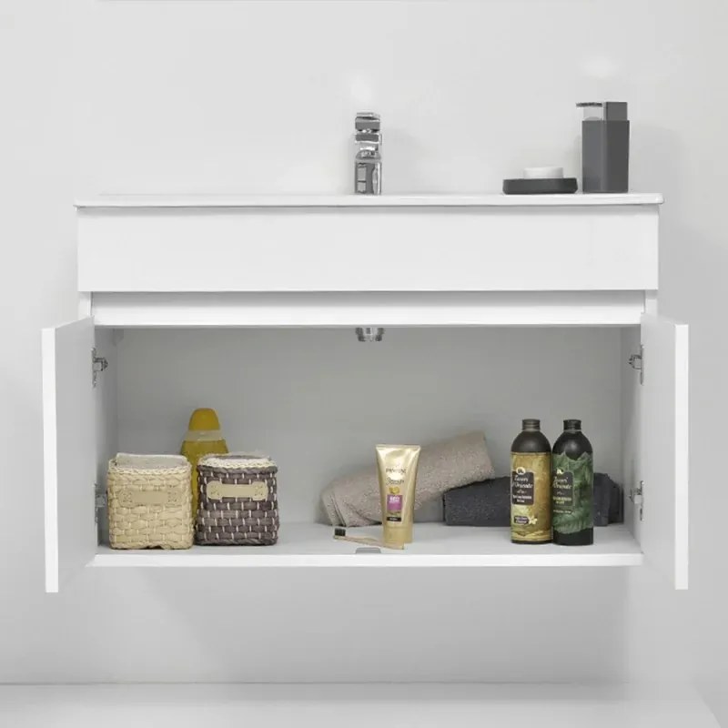 Composizione bagno sospesa 90 cm Duble bianco lucido con top e specchio