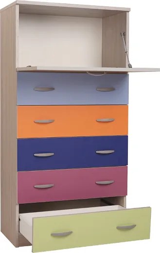 Cassettiera con anta a ribalta e 5 cassetti in legno 74x145h cm Multicolor