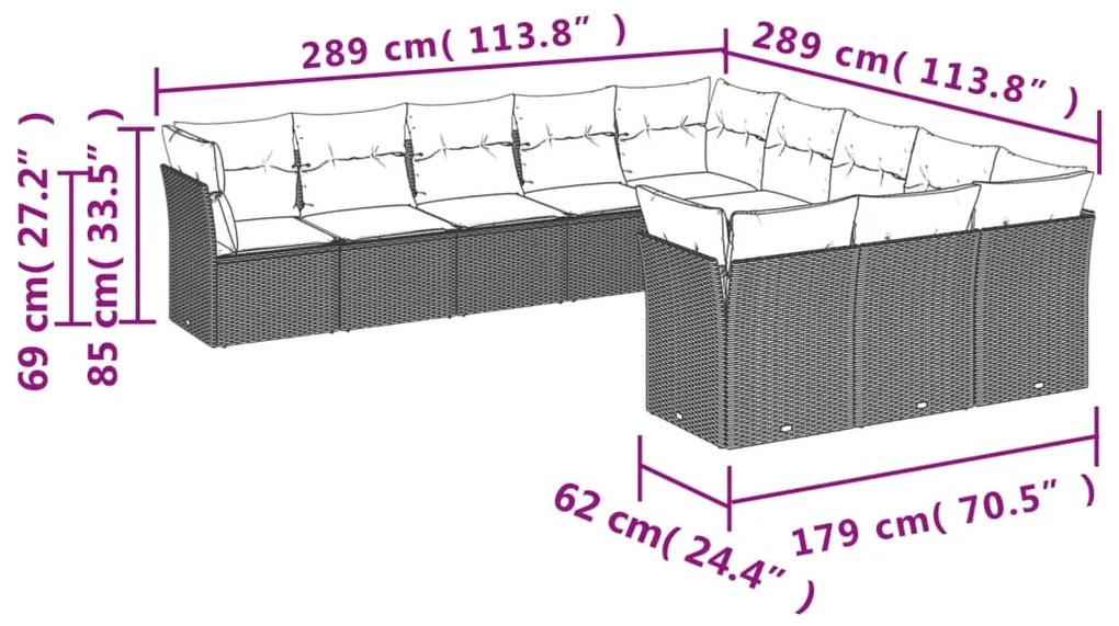 Set divani da giardino 11 pz con cuscini in polyrattan grigio