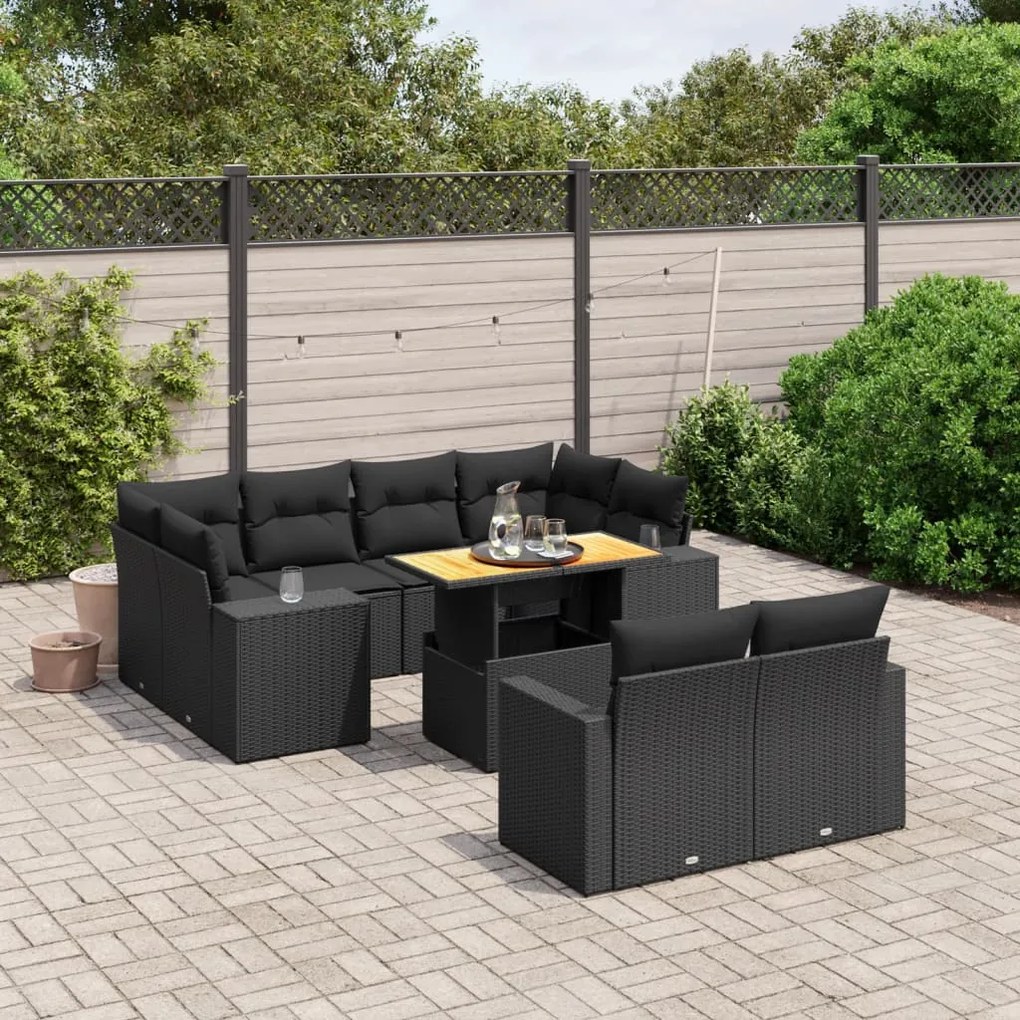 Set divani da giardino 11 pz con cuscini in polyrattan nero