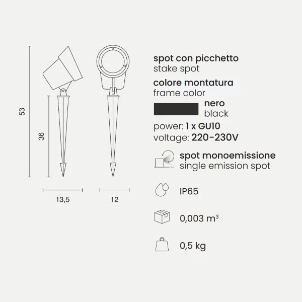 Lampada spot GURU 12x53 cm a picchetto per esterni in alluminio Nero