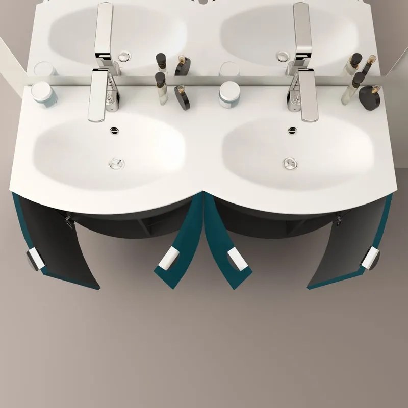 Mobile sottolavabo e lavabo Onda per doppia vasca blu petrolio L 138 x H 70 x P 51 cm