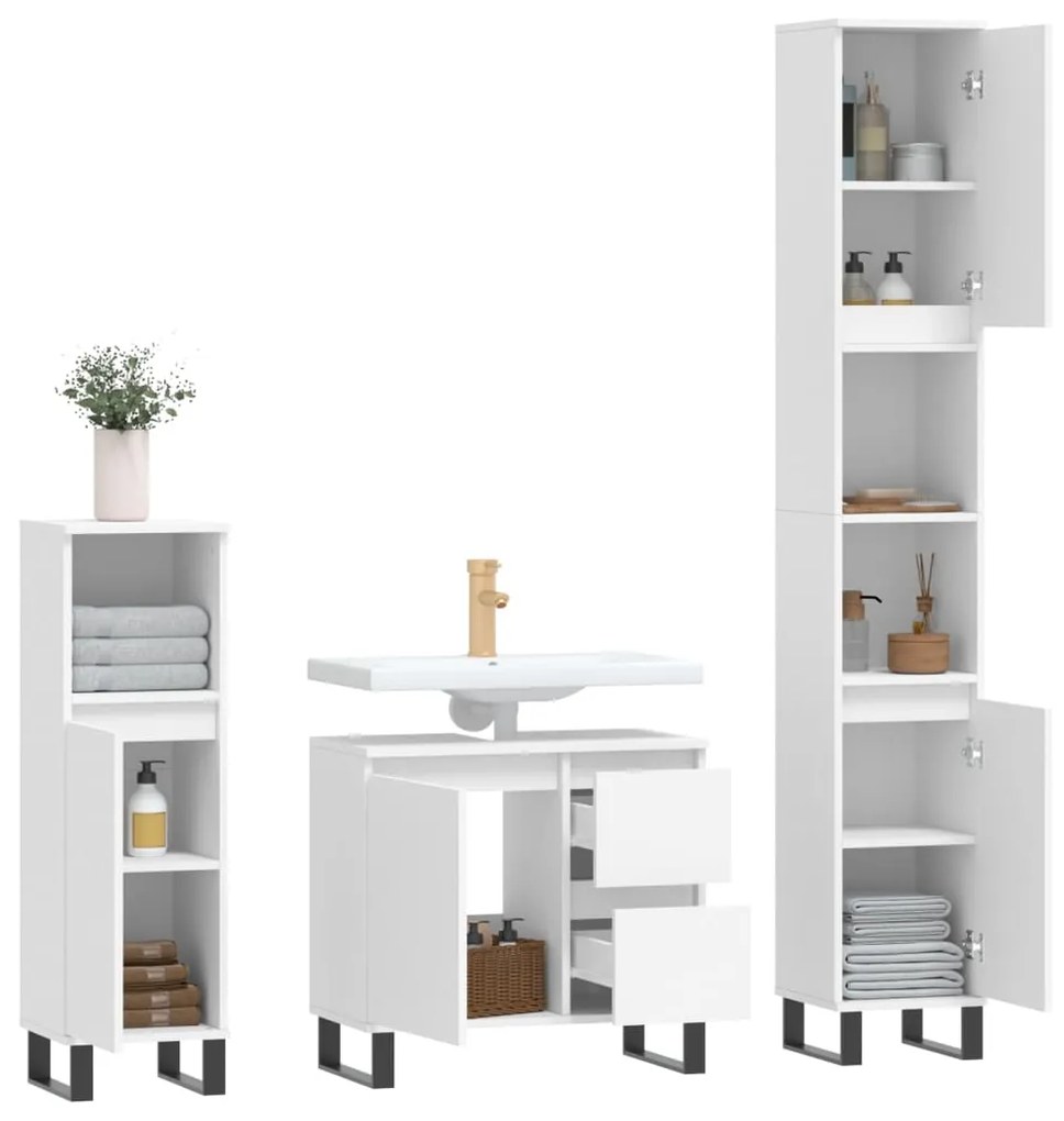 Set mobili da bagno 3 pz bianco in legno multistrato