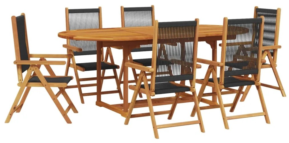 Set pranzo da giardino 7 pz nero polyrattan e legno massello