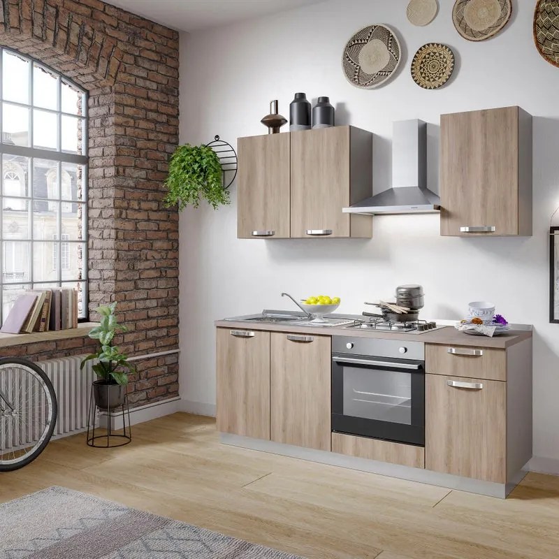 Cucina montata Dora rovere chiaro, lavello a sinistra, L 195 cm, completa di: cappa a camino, piano cottura a gas, forno,