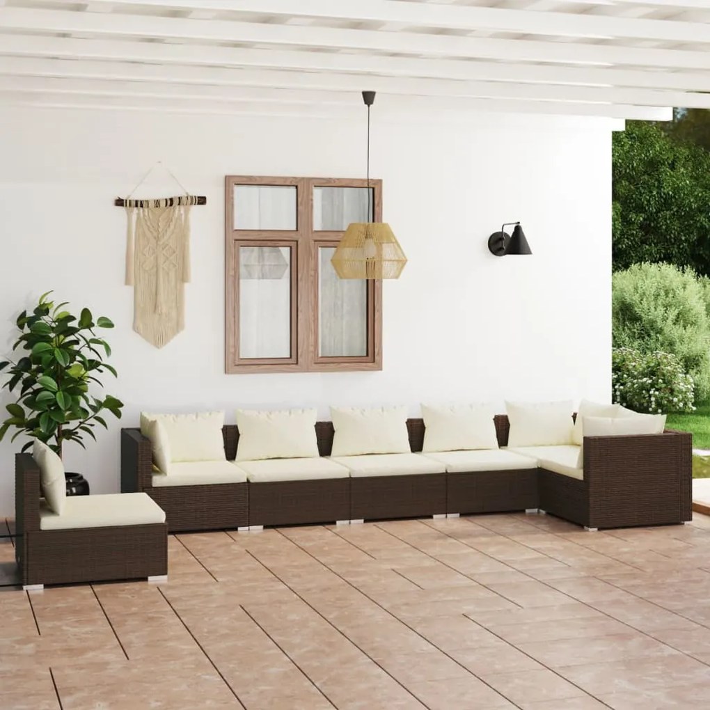 Set divani da giardino 7 pz con cuscini in polyrattan marrone