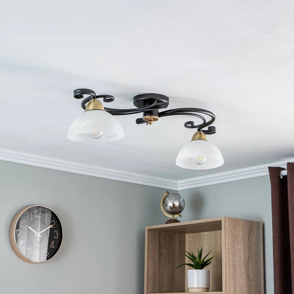 Luminex Plafoniera Flora, 2 paralumi in vetro, nero/ottone