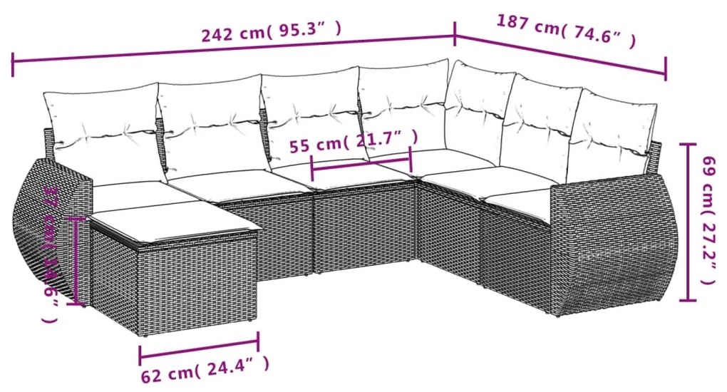 Set Divani da Giardino con Cuscini 7pz Nero Polyrattan