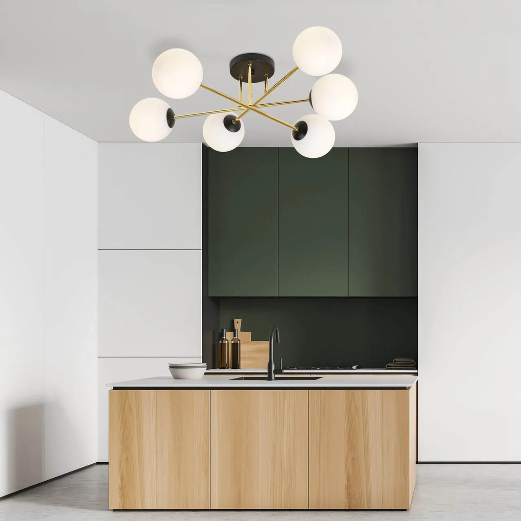 Lampadario Magnum Nero e Oro con 6 Sfere Satinate E14 da soffitto