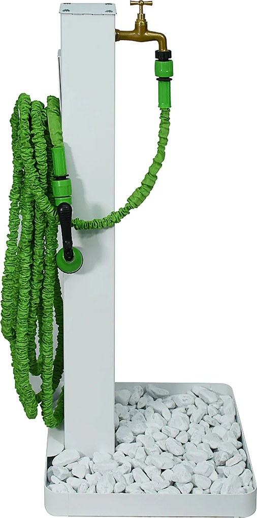 Fontana da Giardino con Rubinetto in Ottone e Base con Ciottoli 40x40x97 cm in Acciaio Bianco...