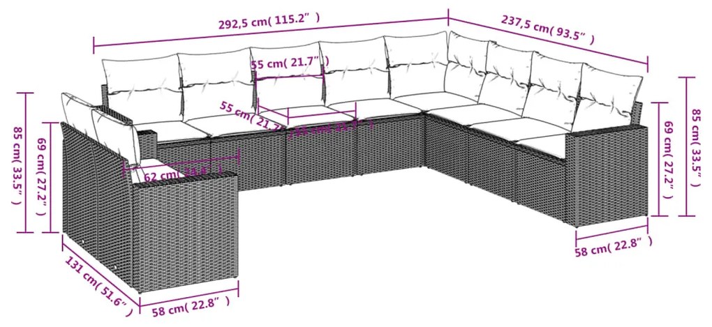 Set divani da giardino 10pz con cuscini in polyrattan marrone