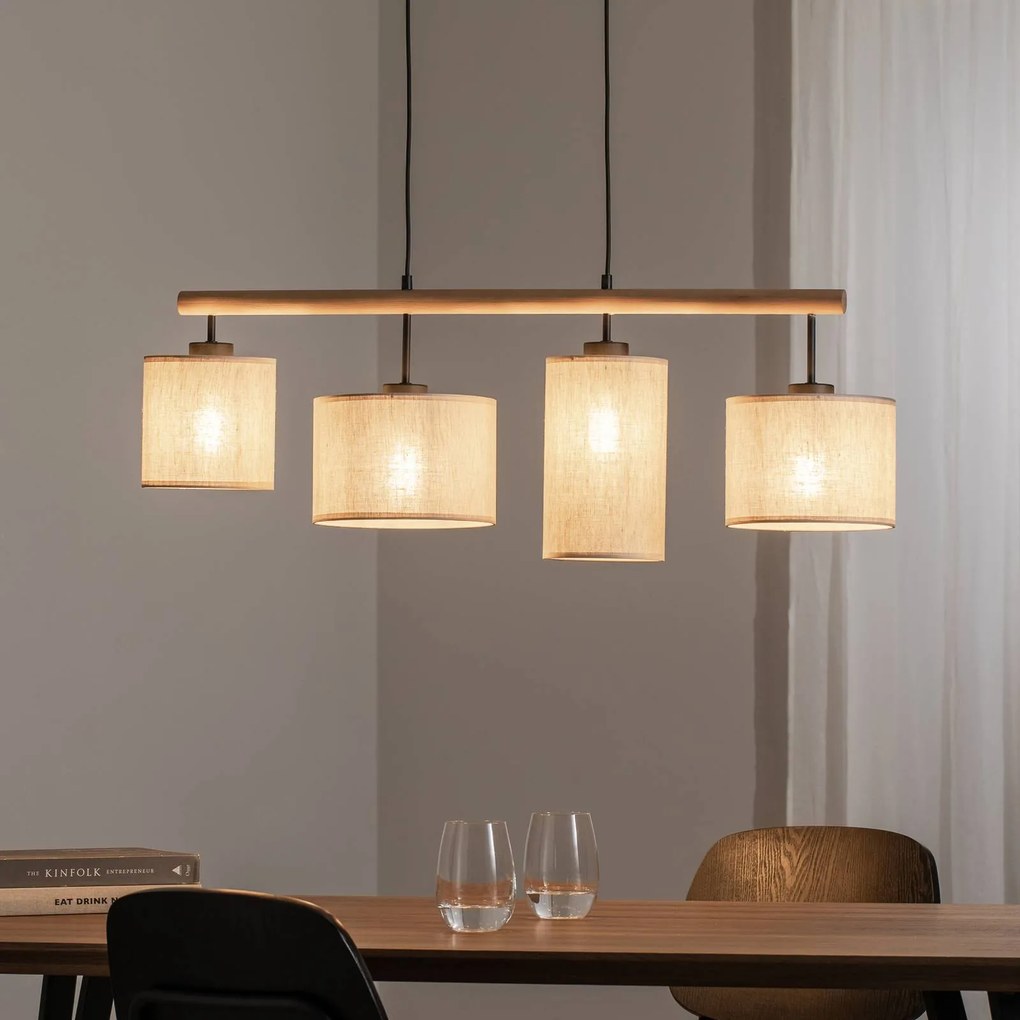 Lampada a sospensione Deva Nature, 4 luci, tessuto Nature TK Lighting, dimmerabile, Legno chiaro, Soggiorno / Sala da pranzo, Legno, Scandinavo