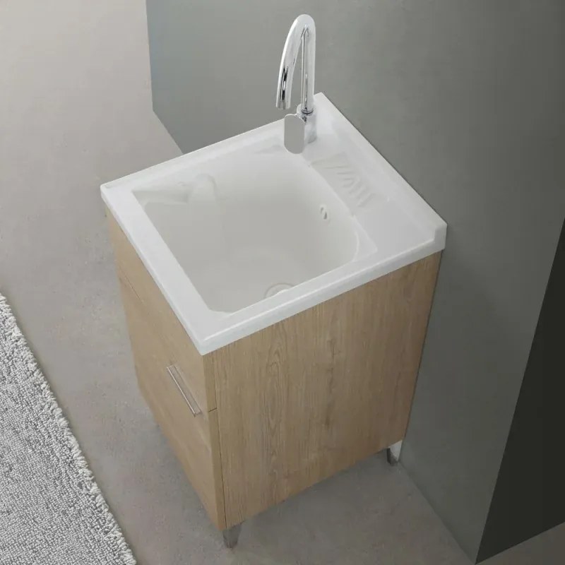 Mobile lavatoio 45x50 cm rovere con vasca in resina e asse lavapanni