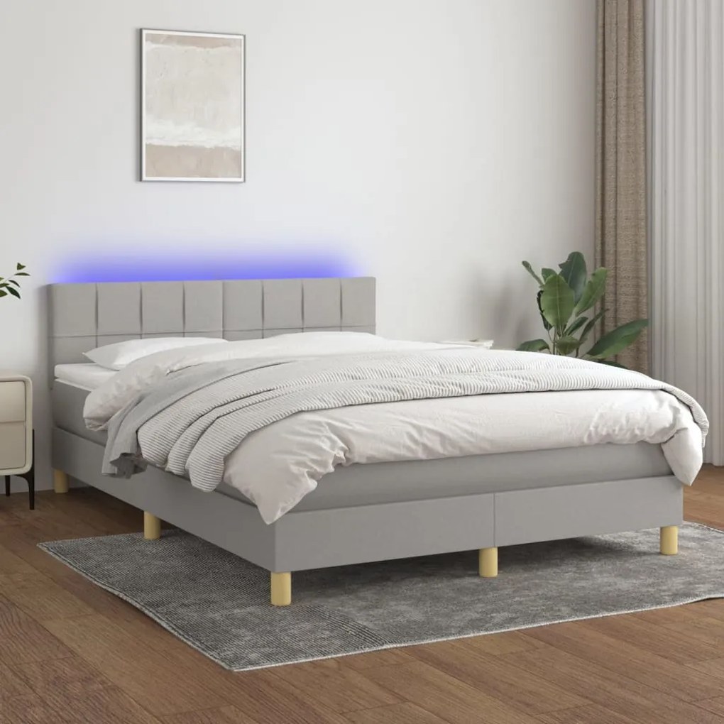 Letto a molle materasso e led grigio chiaro 140x190 cm tessuto