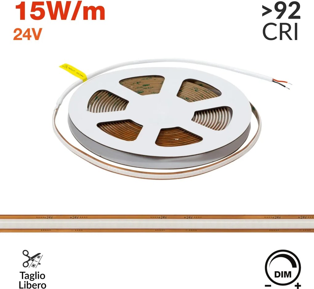 Striscia LED COB 24V 15W/m Tagliabile Ovunque Professionale IP20 - 5 metri