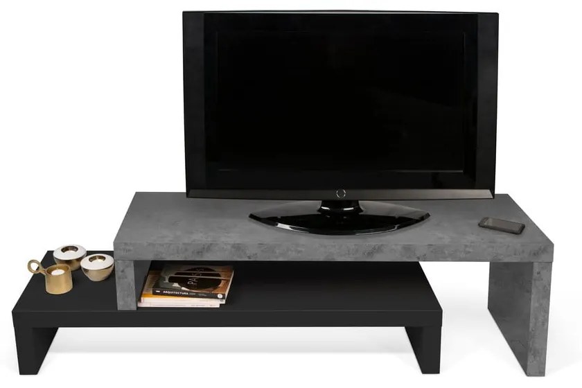 Tavolo TV doppio nero con decoro in cemento , 125 x 40 cm Cliff - TemaHome