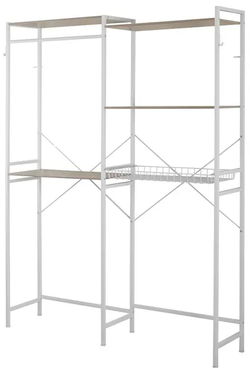 Scaffale sopra lavatrice bianco con ripiani, cestello e barra appendiabiti