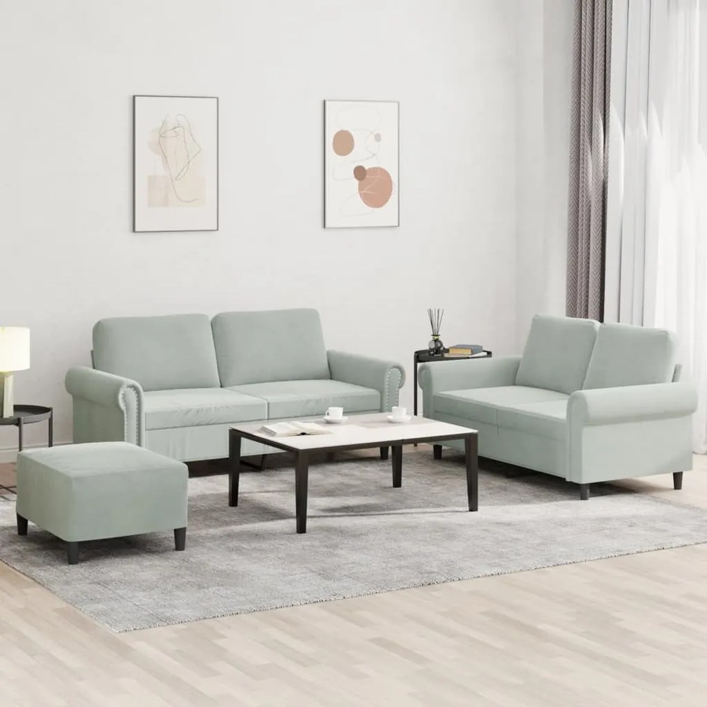 Set Di Divani 3 Pz Con Cuscini Grigio Chiaro İn Velluto /