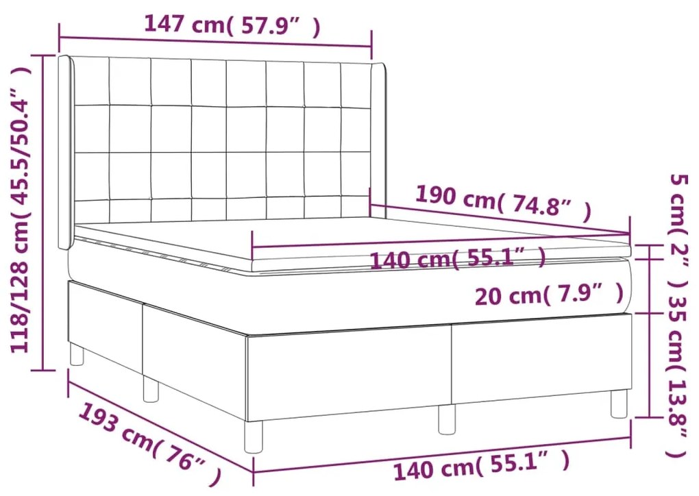 Letto a Molle con Materasso e LED Nero 140x190 cm in Tessuto