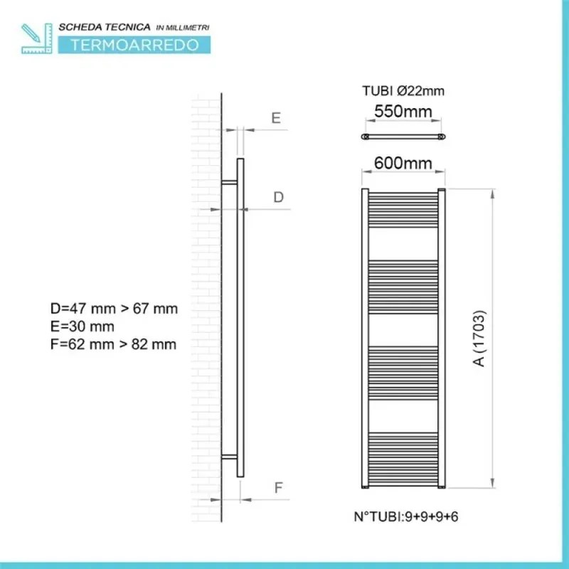 Termoarredo design nero opaco L 60x170 interasse 55 cm con Kit valvole