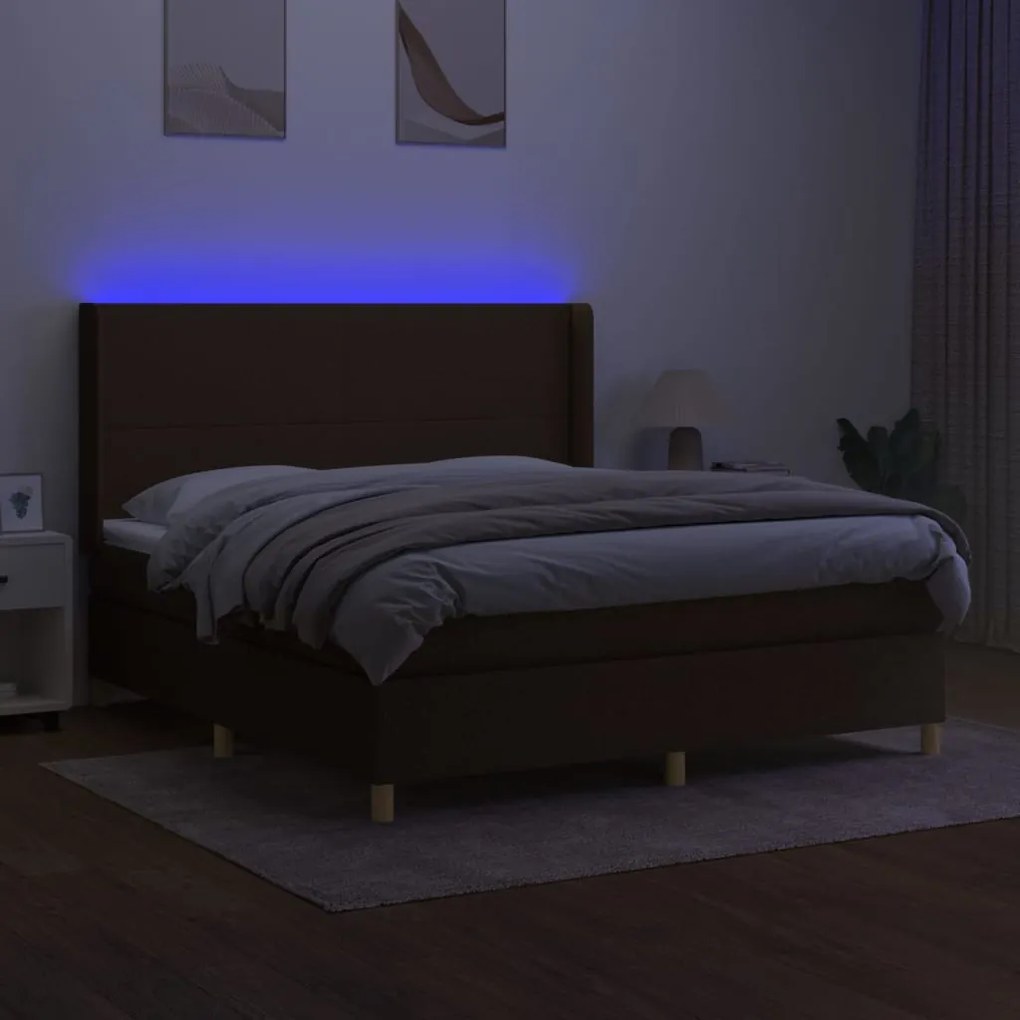 Letto a molle materasso e led marrone scuro 160x200 cm tessuto