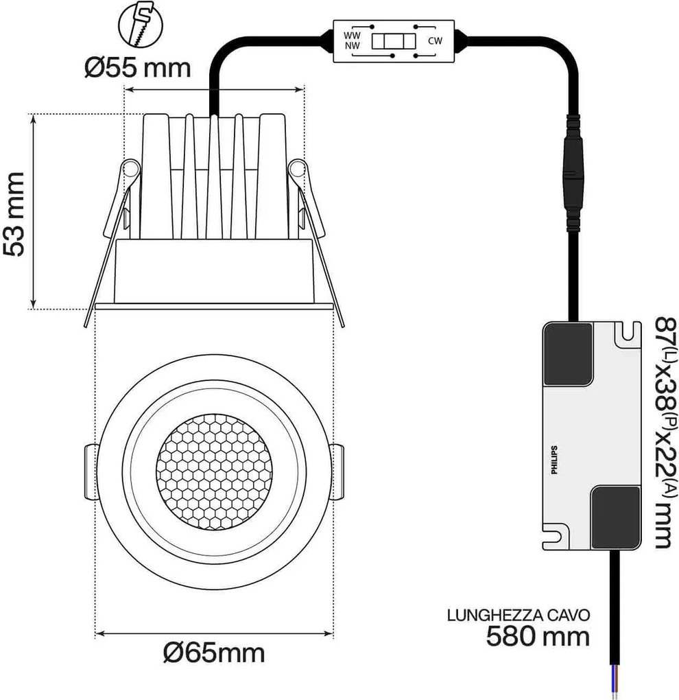 Faro da Incasso Bianco 8W Foro Ø55mm CCT 15°-55° con driver Philips Colore Bianco Variabile CCT