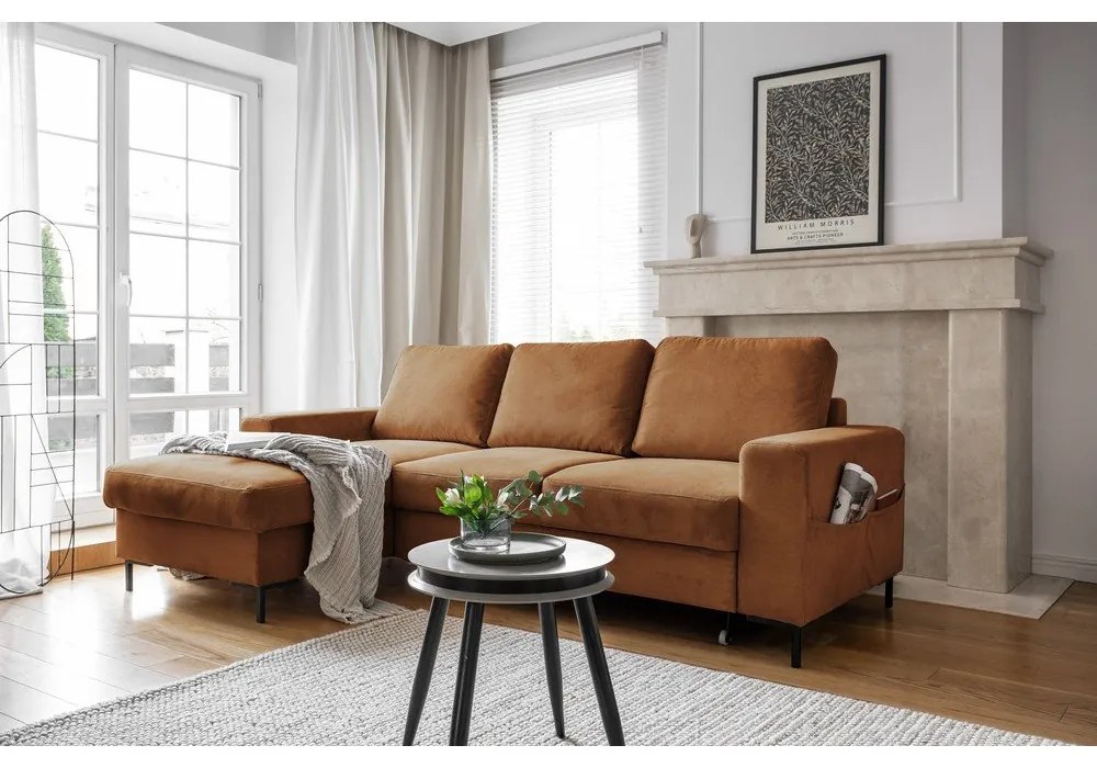 Divano letto angolare in velluto a coste arancione (angolo sinistro) Lofty Lilly - Miuform