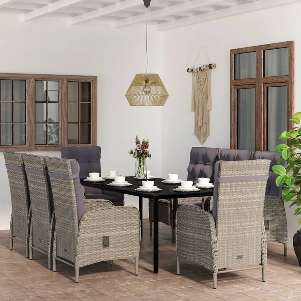 Set da pranzo da giardino 9 pz con cuscini nero e grigio