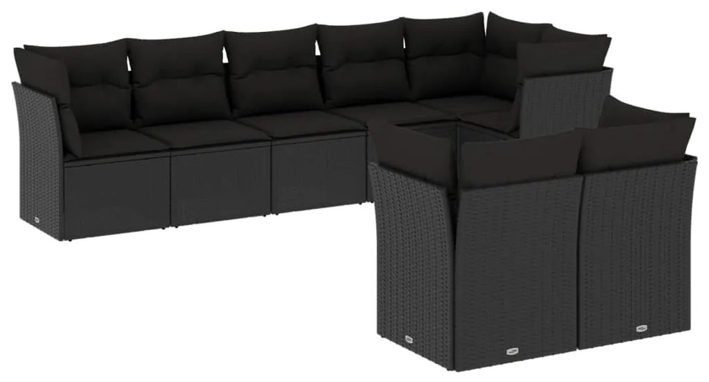 Set divani da giardino con cuscini 8 pz nero in polyrattan