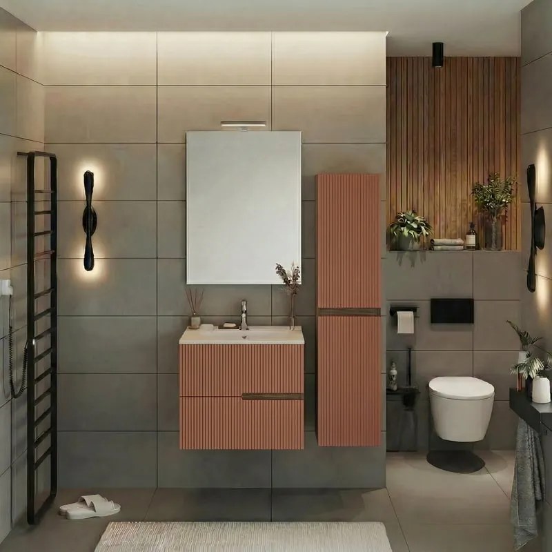 Mobile bagno Eva 60 cm, completo di lavabo in ceramica e specchio a filo con Led, 2 cassetti rovere moka e mattone cannettato.